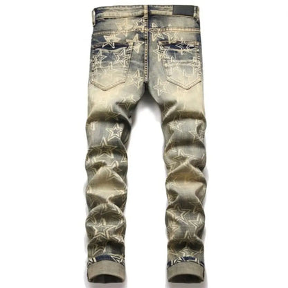 Men’s Retro Distressed Jeans – High Street Slim Fit Ripped with Star Print