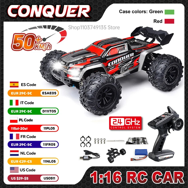 1:16 Scale 4WD High-Speed RC Monster Truck – 50KM/H Drift Car with 390 Modified Motor & Shock Absorber System