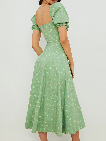 Puff Sleeve Floral Maxi Dress – Square Neck Side-Slit Summer Cottagecore Dress