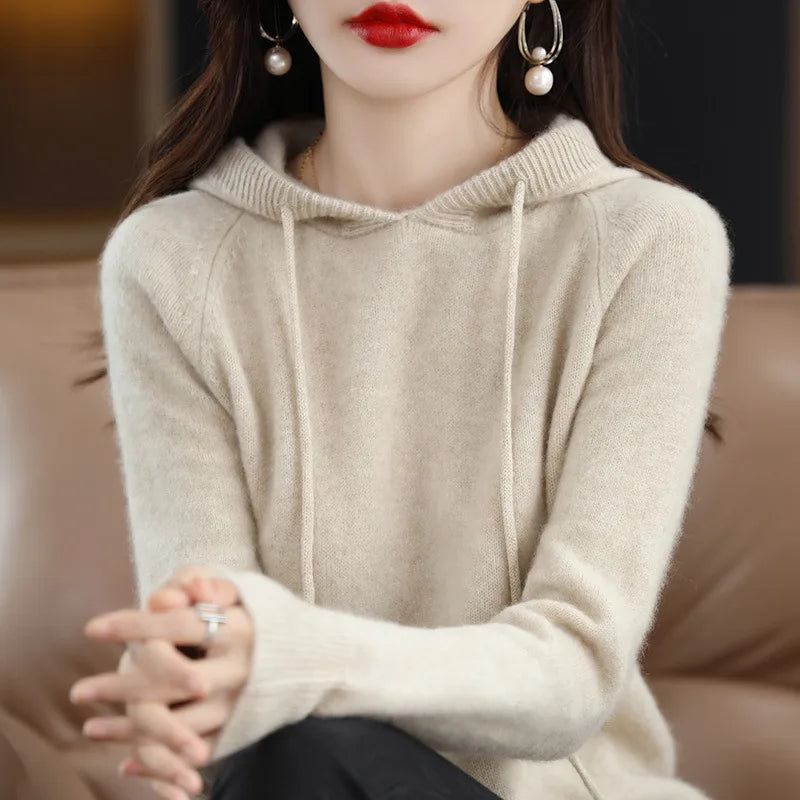 Women’s Cashmere-Soft Hooded Sweater – Cozy Knit Pullover with Drawstring Hood