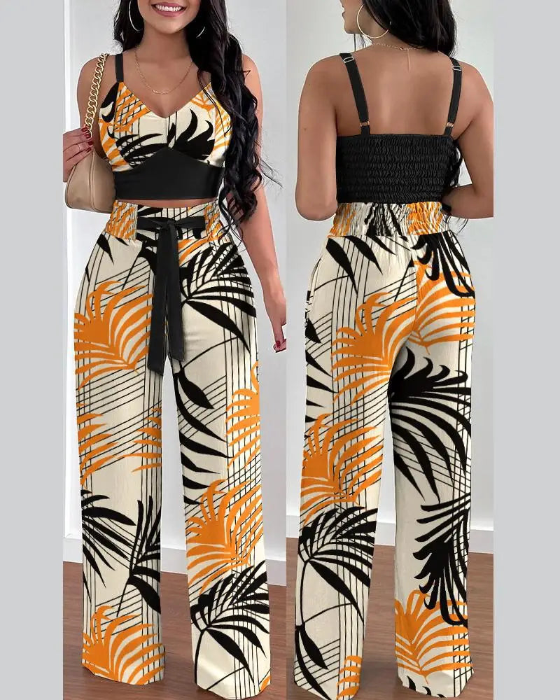 2-Piece V-Neck Crop Top & High Waist Wide-Leg Pants Set – Sexy Summer Outfit for Women