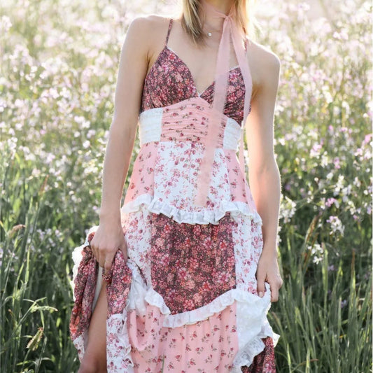 Women’s Floral Patchwork Spaghetti Strap Dress – Vintage V-Neck High-Waist Maxi Sundress