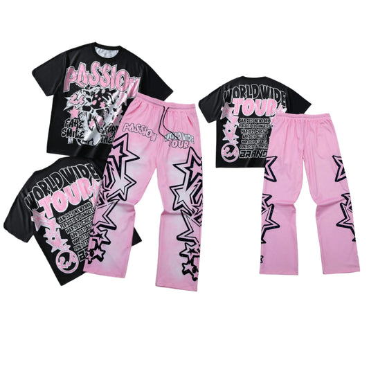 Men’s Graphic 2-Piece Set – Oversized Short Sleeve Tee & Wide-Leg Pants Streetwear