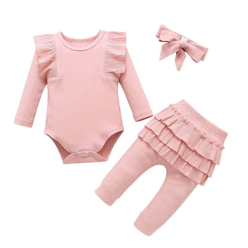 Baby Girl Ruffle Romper Outfit Set – Pants & Bow Headband (3-Piece Newborn–Toddler Set)