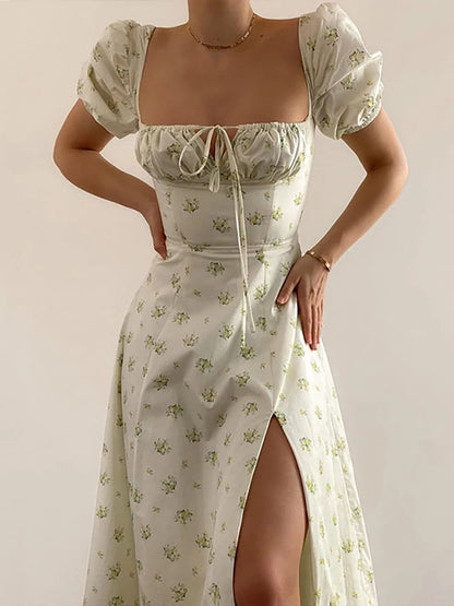 Puff Sleeve Floral Maxi Dress – Square Neck Side-Slit Summer Cottagecore Dress
