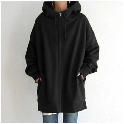 Oversized Hooded Longline Coat – Fleece-Lined Zip Up Tie-Collar Sweatshirt for Women (S–5XL)