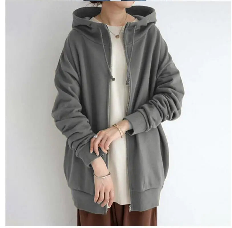 Oversized Hooded Longline Coat – Fleece-Lined Zip Up Tie-Collar Sweatshirt for Women (S–5XL)