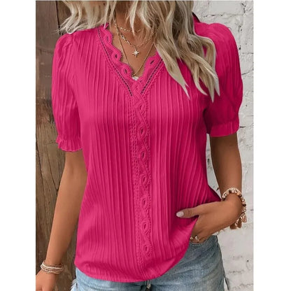 Women’s Lace Trim V-Neck Short Sleeve Blouse – Lightweight Summer Casual Top