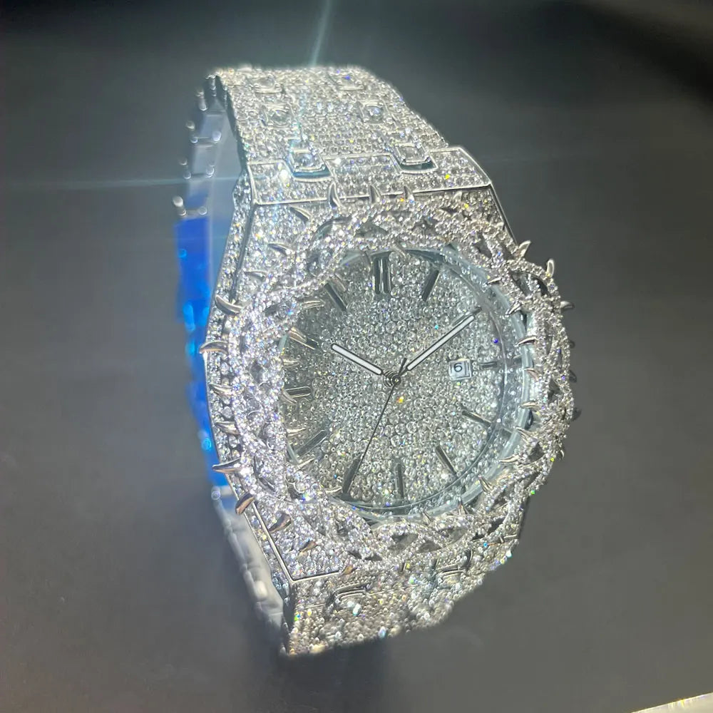 Iced Out Luxury Watch – Heavy Diamond-Look Quartz Wristwatch with Thorn Crown Design