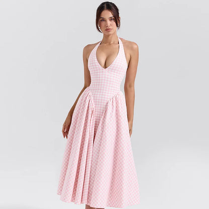 Backless Halter V-Neck Maxi Dress – Elegant Flirty Evening Party Dress for Summer