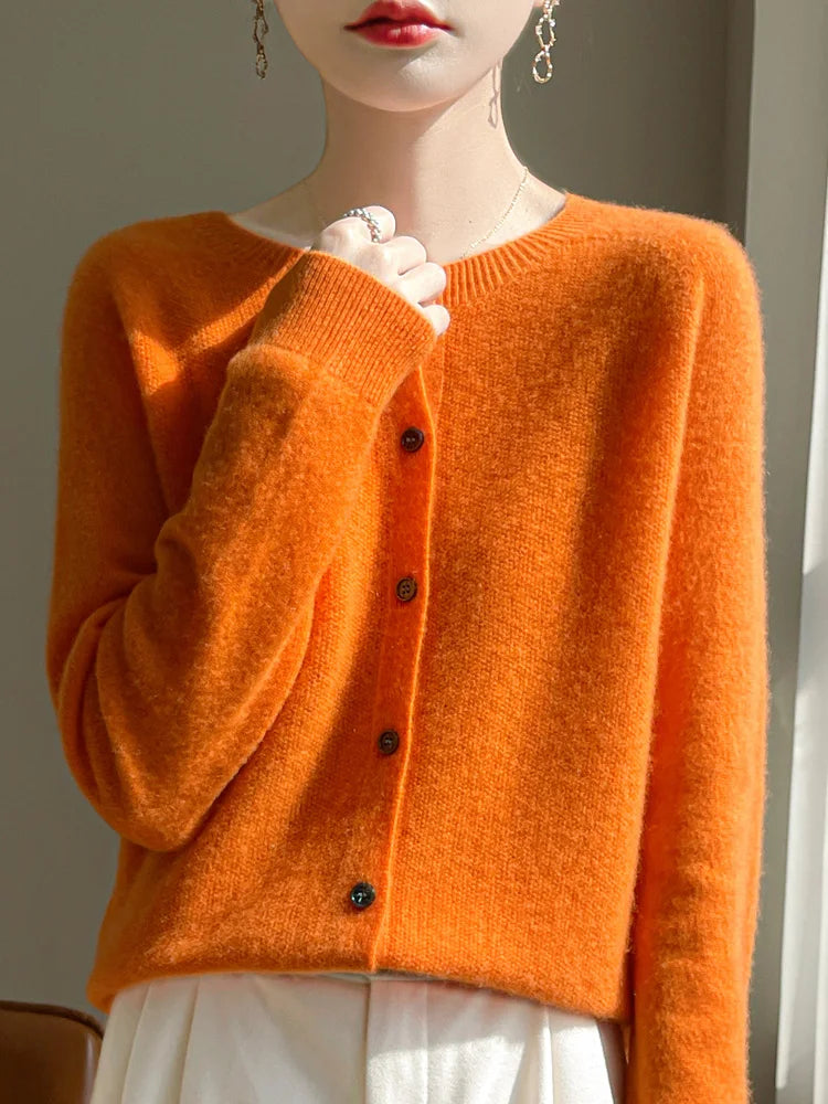 100% Merino Wool Women's Cardigan – Luxury Soft Knit Raglan Sleeve Button-Front Sweater