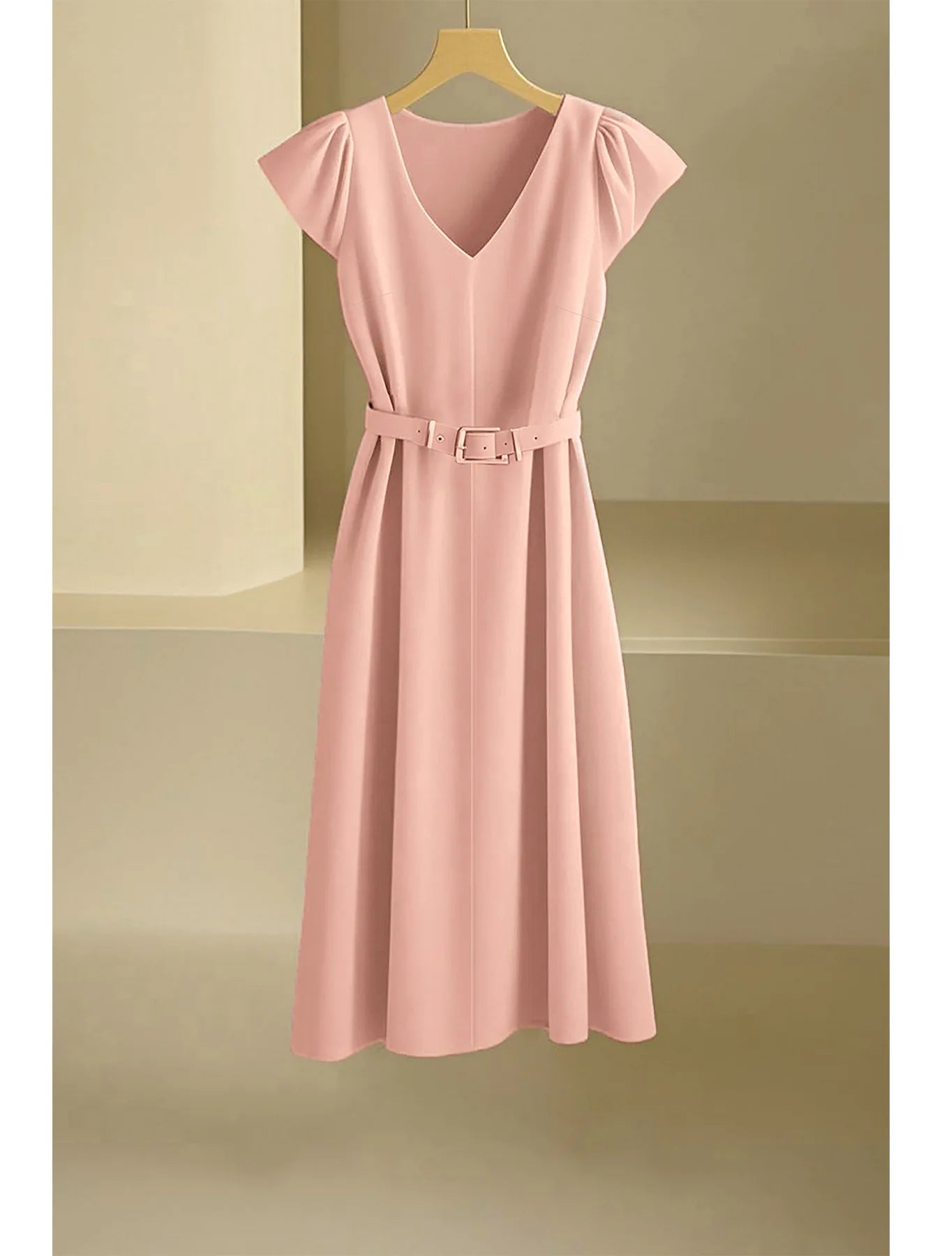 Elegant V-Neck Midi Dress – Soft Stretch Office Chic Dress with Flowy Silhouette