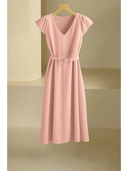 Elegant V-Neck Midi Dress – Soft Stretch Office Chic Dress with Flowy Silhouette
