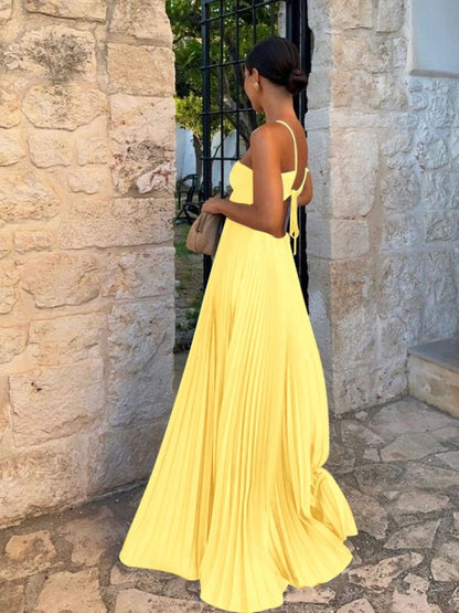 Elegant Pleated Backless Maxi Dress – Women’s Summer Vacation Strapless Camisole Beach Dress