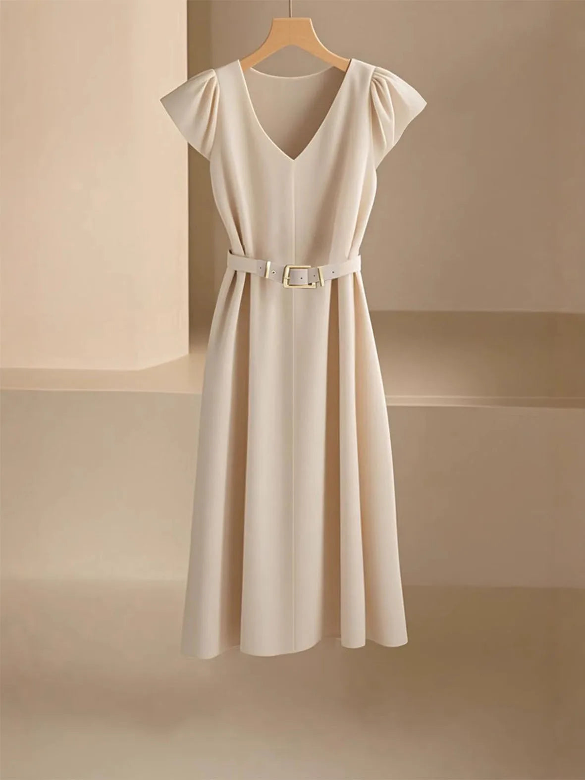 Elegant V-Neck Midi Dress – Soft Stretch Office Chic Dress with Flowy Silhouette