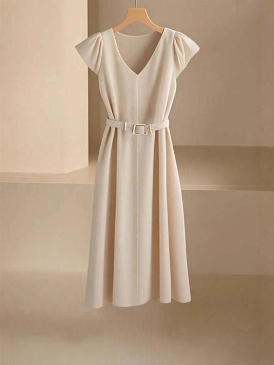 Elegant V-Neck Midi Dress – Soft Stretch Office Chic Dress with Flowy Silhouette