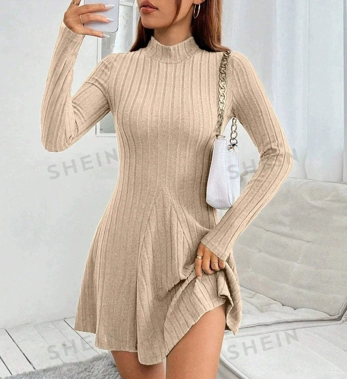 Ribbed High-Neck Long Sleeve Fit & Flare Dress – Waist-Cinched Stretch Knit Mini