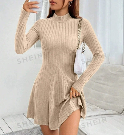 Ribbed High-Neck Long Sleeve Fit & Flare Dress – Waist-Cinched Stretch Knit Mini
