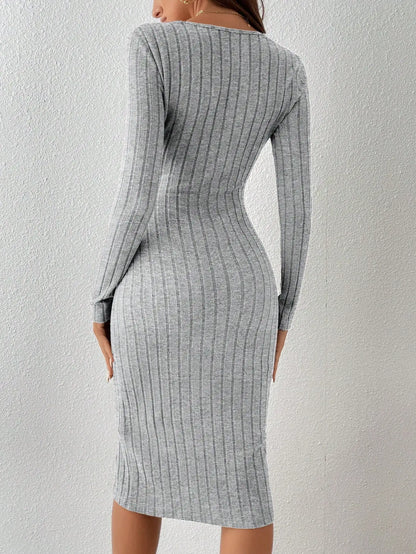 Women's Winter Ribbed Slim Fit Belted Bodycon Midi Dress – Long Sleeve Warm Knit Scoop Neck Dress