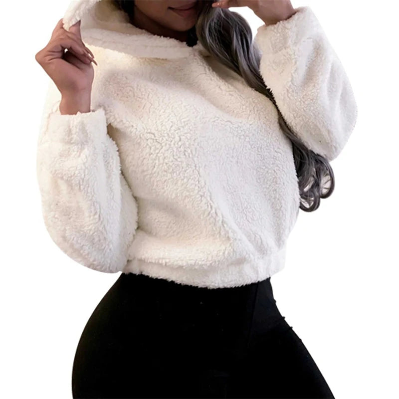 Women’s Fuzzy Bear-Ear Hoodie – Soft Plush Long Sleeve Warm Winter Pullover with Hood