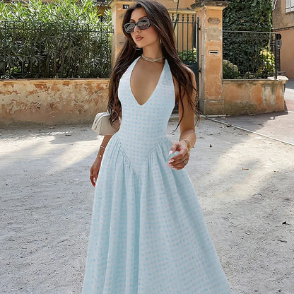 Backless Halter V-Neck Maxi Dress – Elegant Flirty Evening Party Dress for Summer