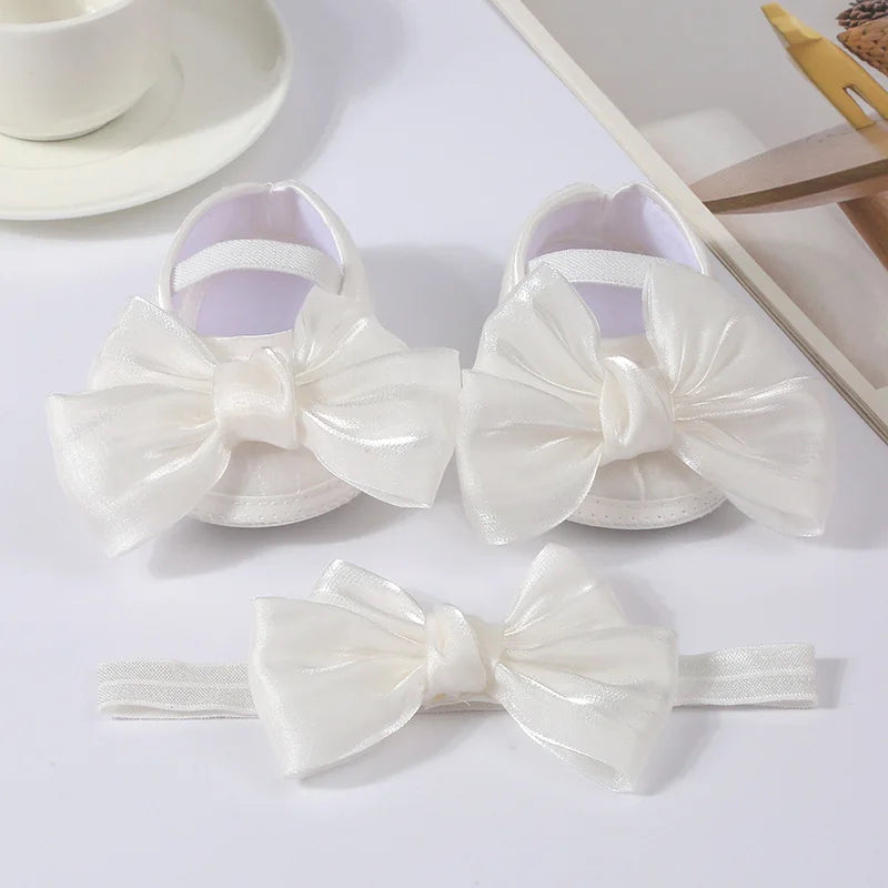 Baby Girl Baptism Mary Jane Shoes & Bow Headband Set – Soft Sole Bowknot for Newborns & Infants