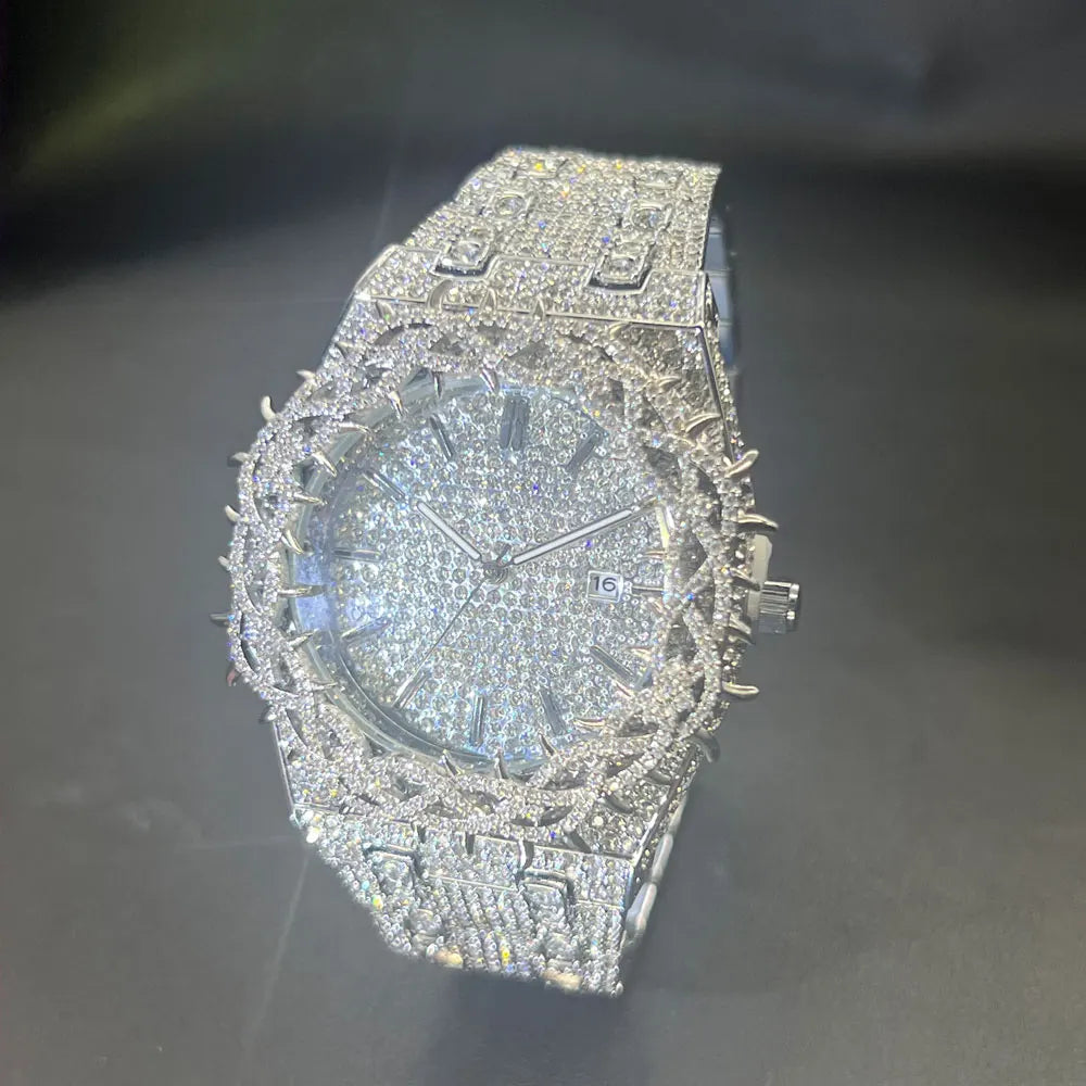 Iced Out Luxury Watch – Heavy Diamond-Look Quartz Wristwatch with Thorn Crown Design