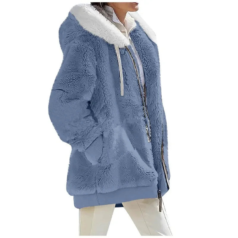 Women’s Cozy Fleece Hooded Winter Coat – Soft Plush Jacket with Warm Sherpa Lining