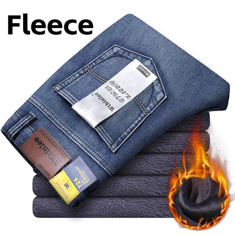 Men’s Fleece Stretch Jeans – Classic Straight-Leg Business Casual Denim Work Pants