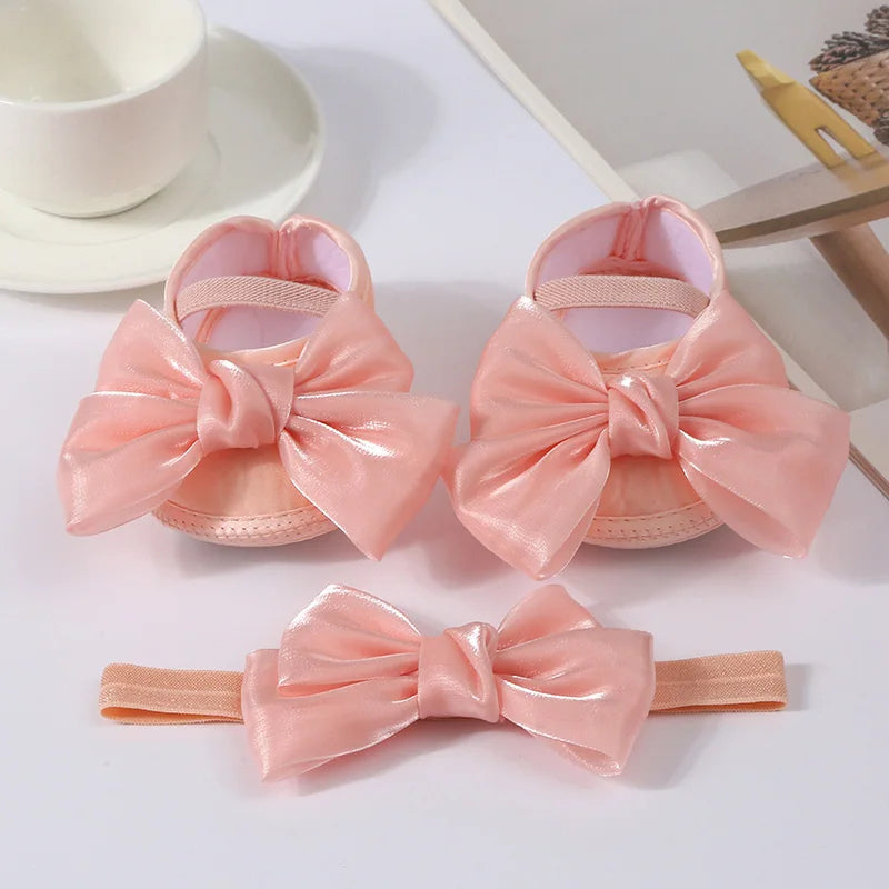 Baby Girl Baptism Mary Jane Shoes & Bow Headband Set – Soft Sole Bowknot for Newborns & Infants