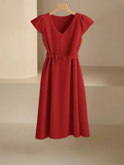 Elegant V-Neck Midi Dress – Soft Stretch Office Chic Dress with Flowy Silhouette