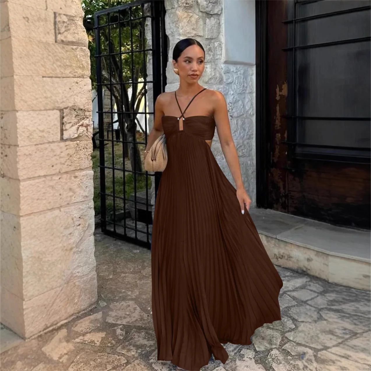 Elegant Pleated Backless Maxi Dress – Women’s Summer Vacation Strapless Camisole Beach Dress