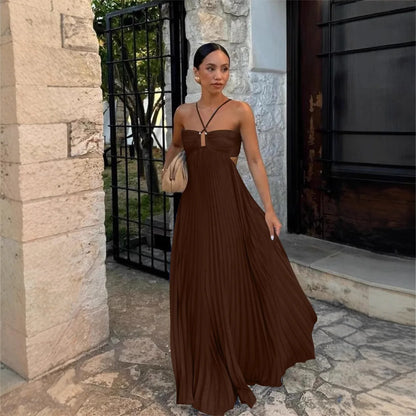 Elegant Pleated Backless Maxi Dress – Women’s Summer Vacation Strapless Camisole Beach Dress