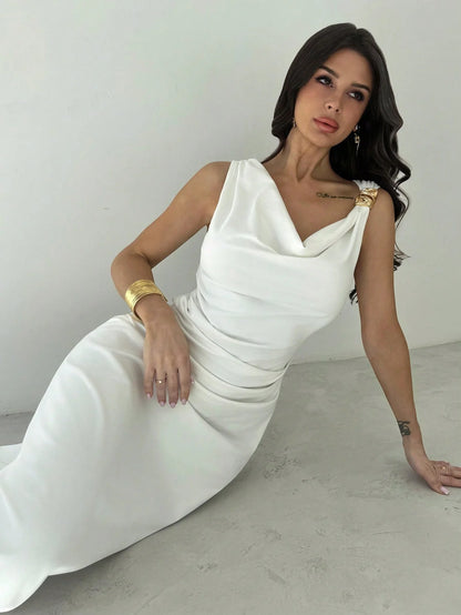 Elegant Cowl Neck Slim Fit Maxi Dress for Women – Long Formal Style