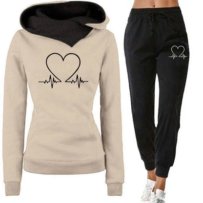 Women’s Cozy Hoodie & Jogger Set – Heartbeat Print Pullover Sweatshirt and Pants Two-Piece Set