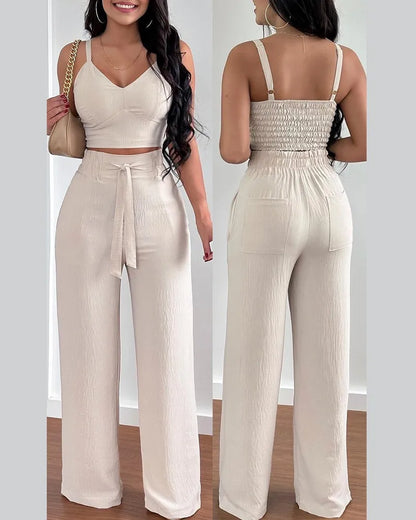 2-Piece V-Neck Crop Top & High Waist Wide-Leg Pants Set – Sexy Summer Outfit for Women