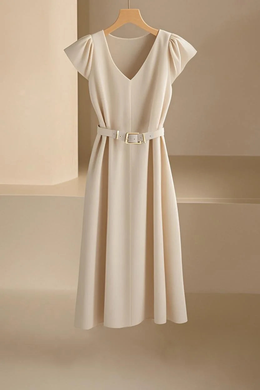 Elegant V-Neck Midi Dress – Soft Stretch Office Chic Dress with Flowy Silhouette