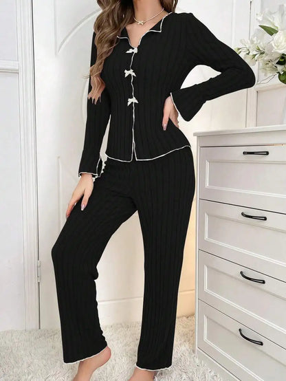 Women’s Ribbed Long Sleeve Pajama Set – Button Top & Pants Loungewear
