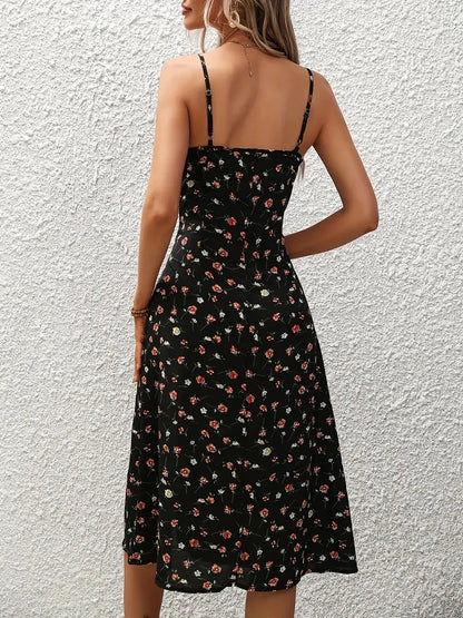 Floral Spaghetti Strap Summer – Boho Beach Sundress with Slit, Square Neck, Lightweight  A-Line Design