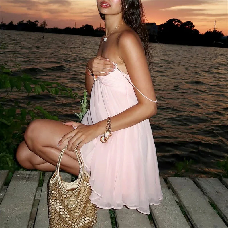 Women’s Pink Off-Shoulder Mini Dress – Coquette Y2K Camis Sundress, Summer Casual Fit