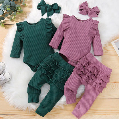 Baby Girl Ruffle Romper Outfit Set – Pants & Bow Headband (3-Piece Newborn–Toddler Set)
