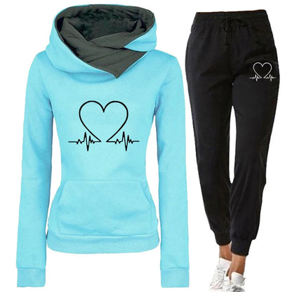 Women’s Cozy Hoodie & Jogger Set – Heartbeat Print Pullover Sweatshirt and Pants Two-Piece Set