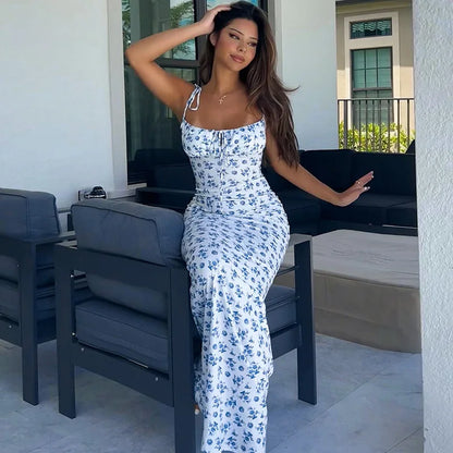 Women’s Floral Bodycon Maxi Dress – Elegant Beach Vacation Dress with Stretch Fit, Spaghetti Straps