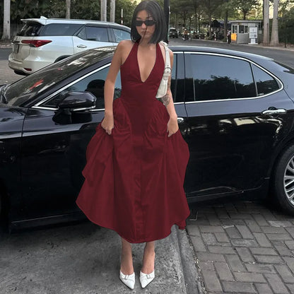 Backless Halter V-Neck Maxi Dress – Elegant Flirty Evening Party Dress for Summer