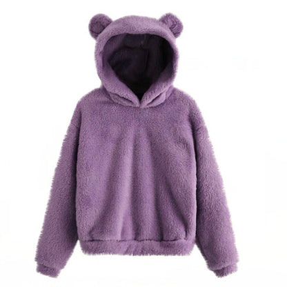 Women’s Fuzzy Bear-Ear Hoodie – Soft Plush Long Sleeve Warm Winter Pullover with Hood