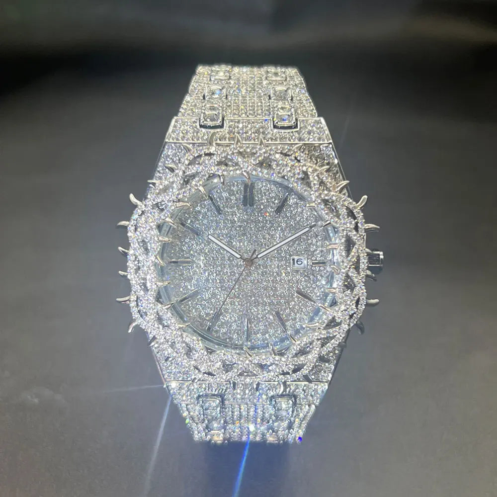 Iced Out Luxury Watch – Heavy Diamond-Look Quartz Wristwatch with Thorn Crown Design