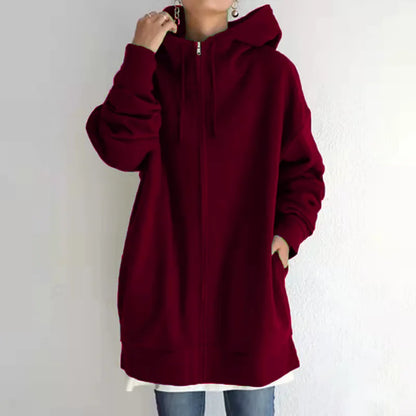 Oversized Hooded Longline Coat – Fleece-Lined Zip Up Tie-Collar Sweatshirt for Women (S–5XL)