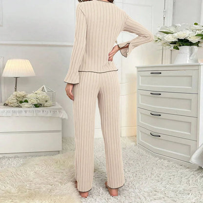 Women’s Ribbed Long Sleeve Pajama Set – Button Top & Pants Loungewear