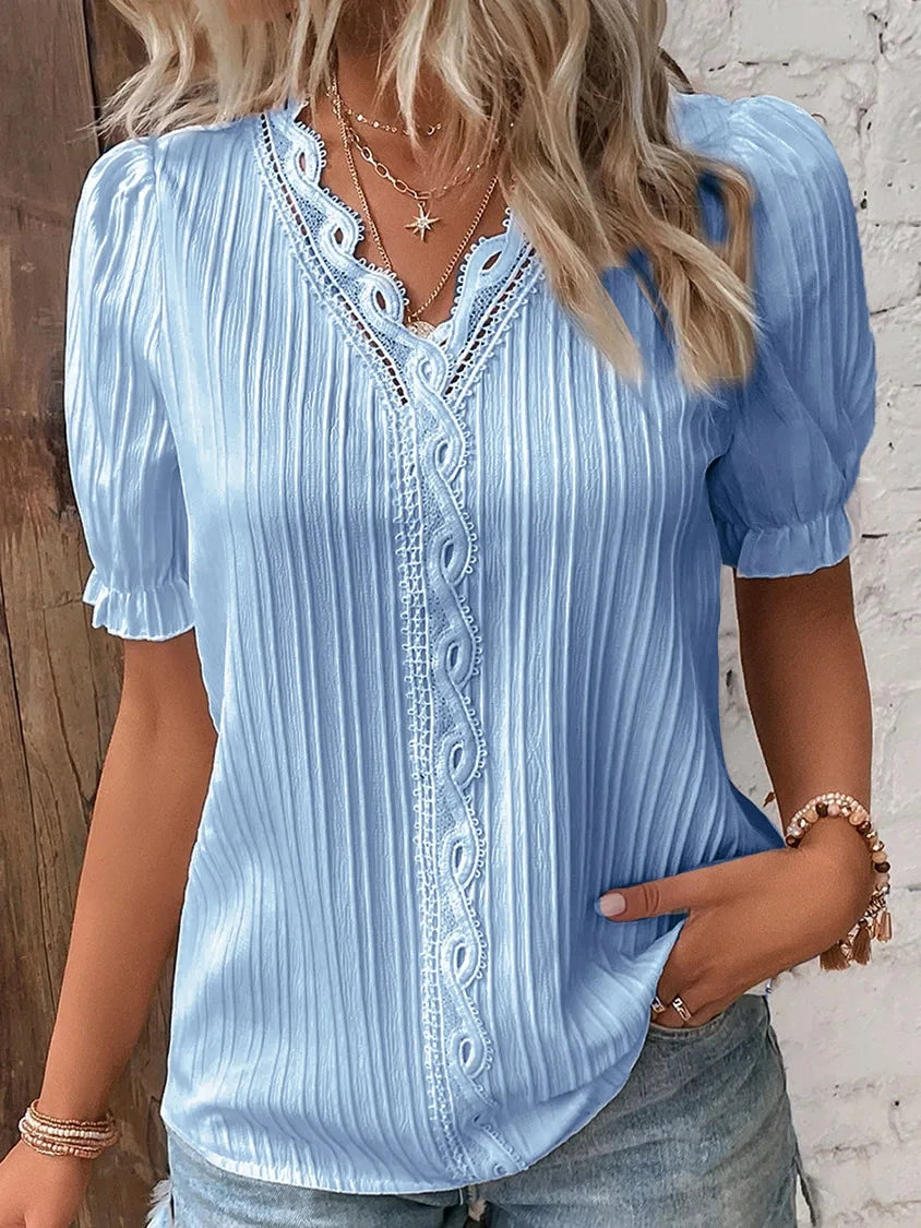 Women’s Lace Trim V-Neck Short Sleeve Blouse – Lightweight Summer Casual Top