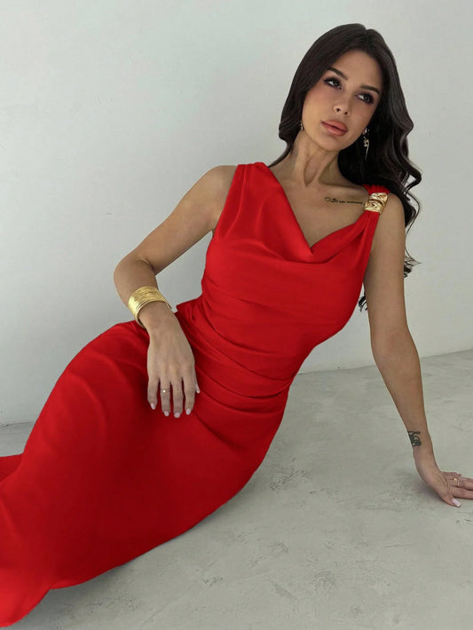 Elegant Cowl Neck Slim Fit Maxi Dress for Women – Long Formal Style